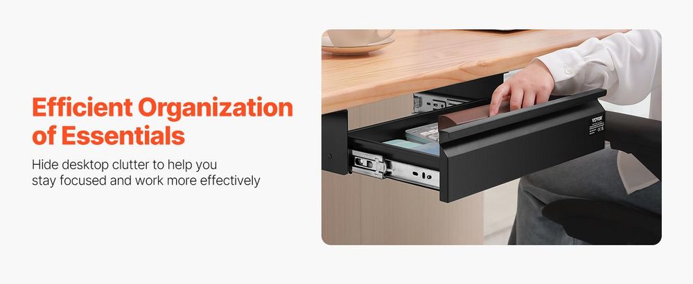 VEVOR 16" Breite Untertischschublade Ausziehbar, Untertischmontierte Ausziehbare Schubladenanbringung, Versteckter Desktop 2-Lagen Aufbewahrungsorganisator, Untertisch Bleistiftschublade für Home Sit Stand Arbeitsplatz, 18x9x8 Zoll, Einzelne Schicht