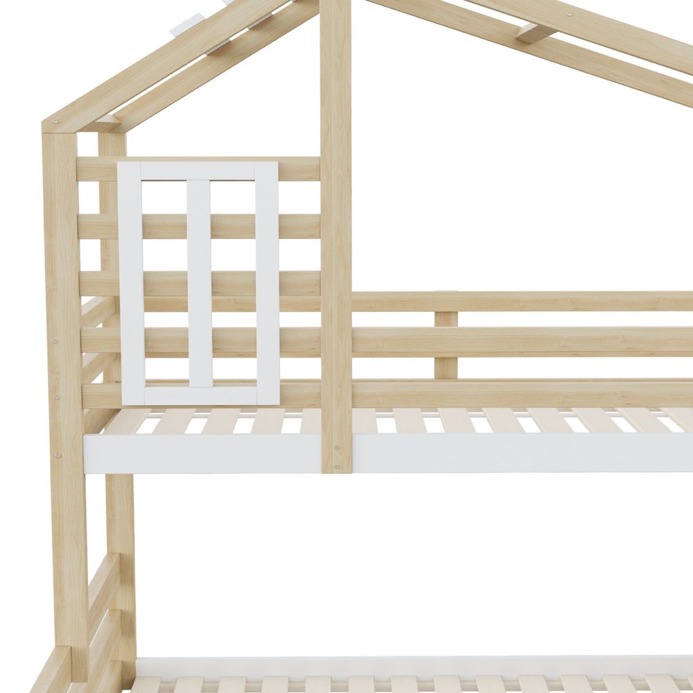 MODFU Etagenbett Kinderbett 90x200cm&140x200cm mit Fenster, Hausform, Hochbett mit Rausfallschutz, Holzbett Stockbett mit Stufentreppe zur Aufbewahrung, Jugendbett Bettgestell, Natur