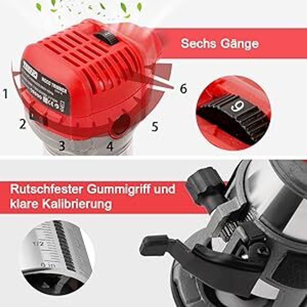 TEENO Holzfräse 710W 13000–33000 U/min mit Staubabsaugungsanschluss, 15 Stück 1/4" Fräsen Cuter, 6 Geschwindigkeiten, Spannzange 6MM, 6.35MM, 8MM