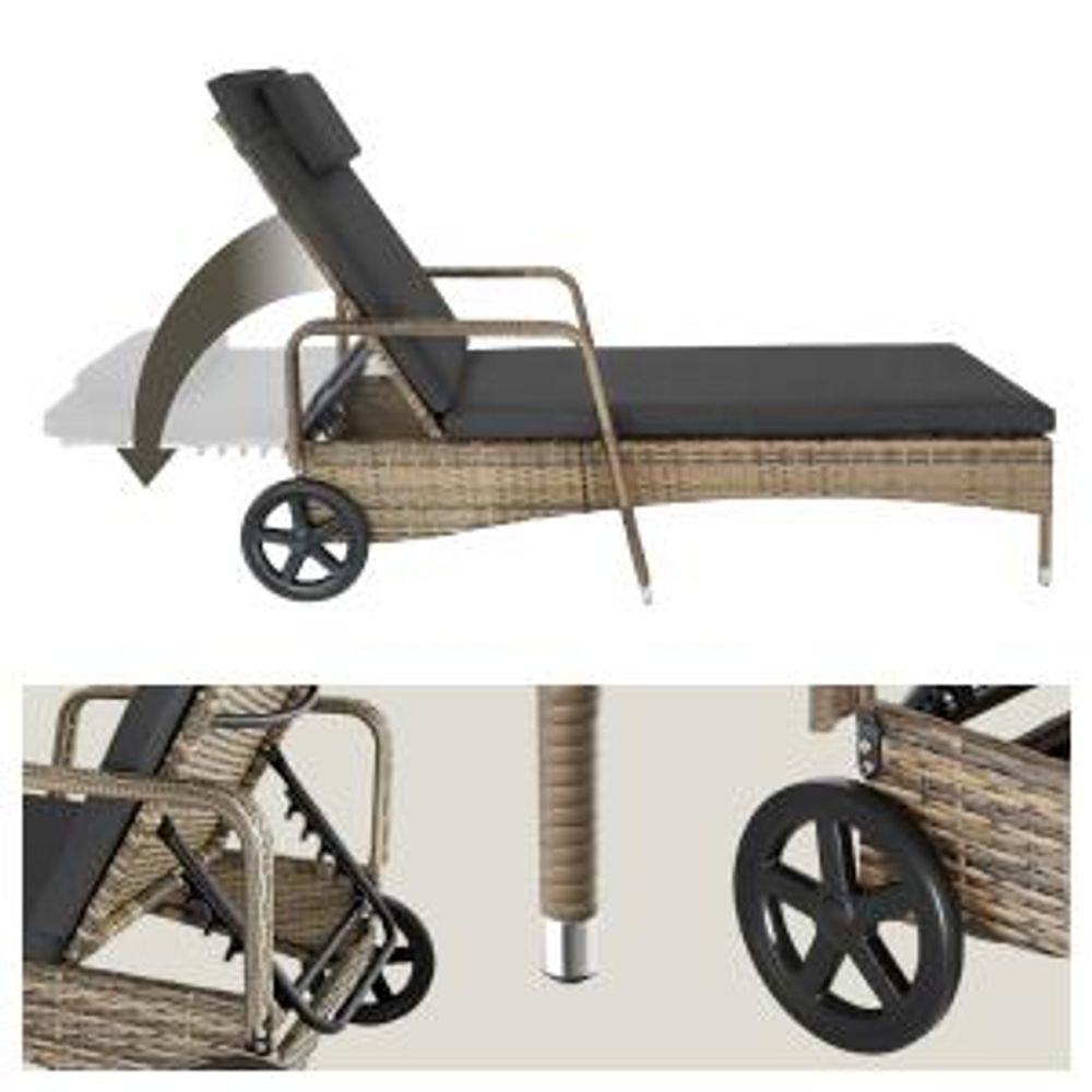tectake Rattan Sonnenliege mit Rollen - Hochwertiges Rattan, 6-fach verstellbar, 200x70x33 cm - Pflegeleicht, Gummierte Räder