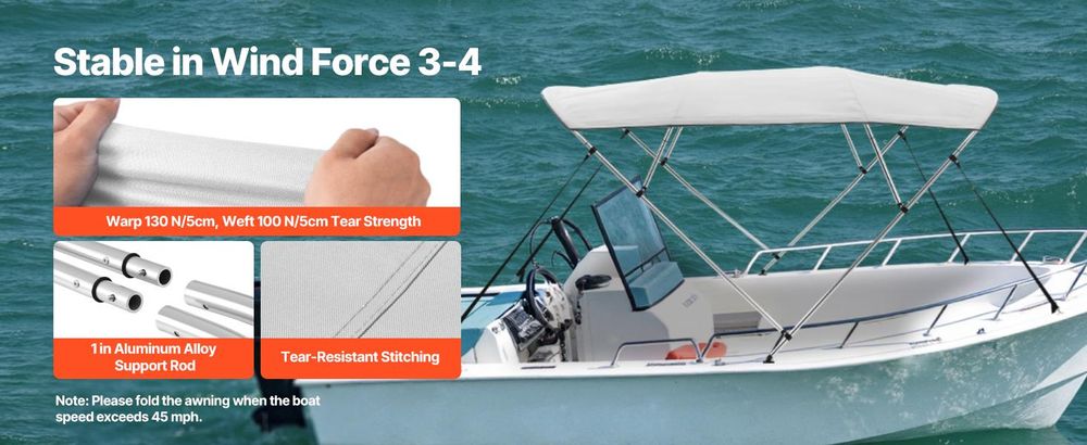 VEVOR Bimini Top Bootsabdeckung Markise (4 Bögen), Aluminiumrahmen, wasserdichtes Biminitop mit Aufbewahrungstasche, 201-213 cm (Breite) Hellgrau