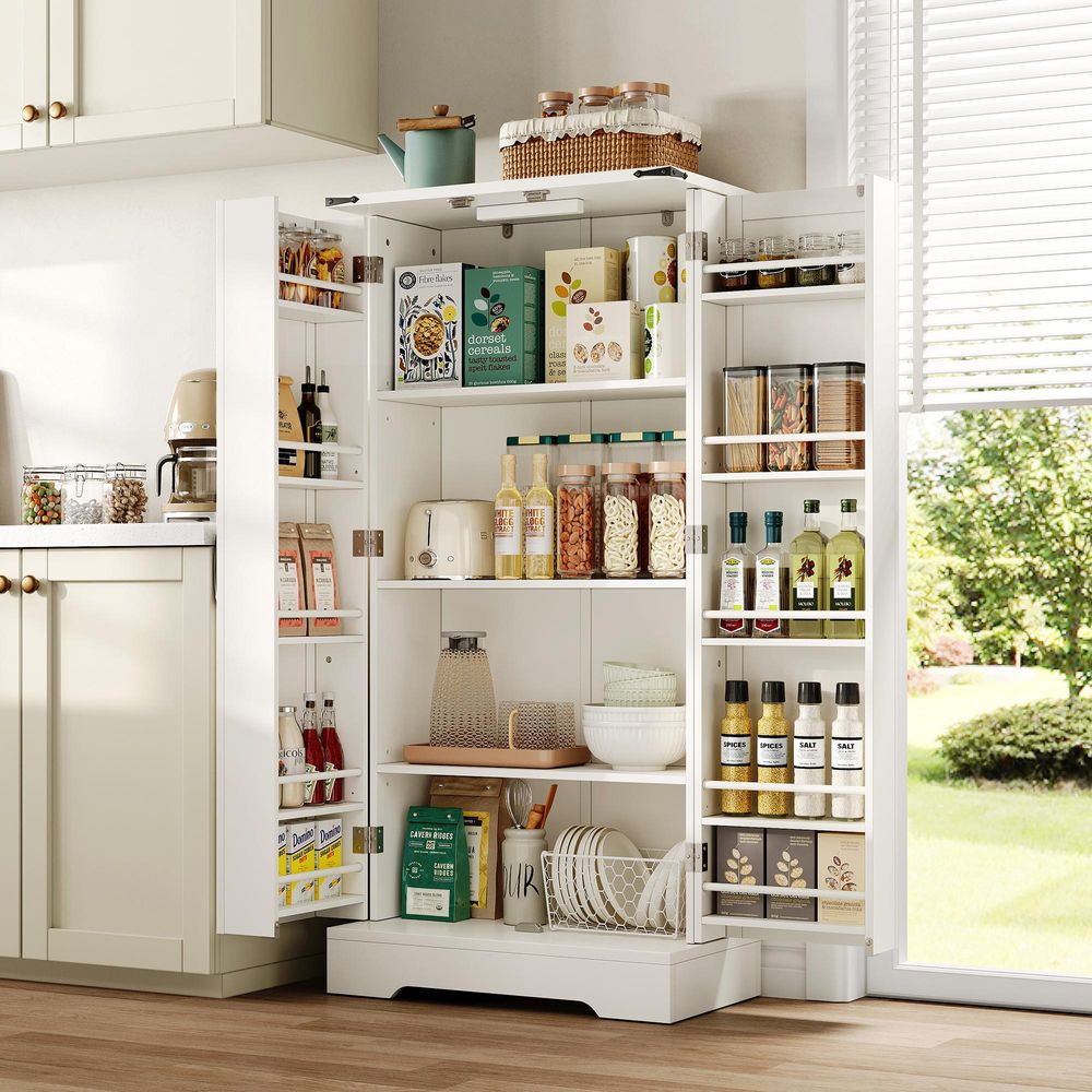 STILVORA Küchenschrank mit 2 Flügeltüren und verstellbaren Regalen,Highboard mit LED&Anti-Kipp-Mechanismus,Aufbewahrungsschrank für Küche,Esszimmer&Wohnzimmer,Weiß