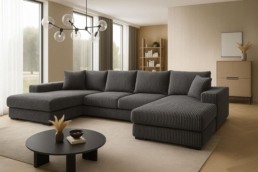 Ecksofa VIENA 328x182 cm mit Schlaffunktion, Bonellfederkern und Bettkasten, Farbe Dunkelgrau
