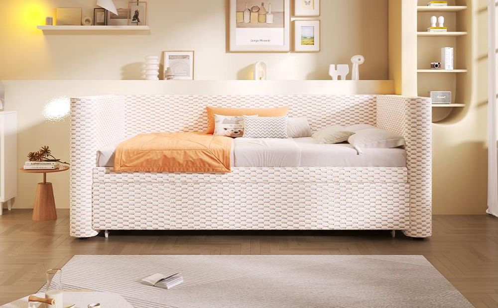 Merax Tagesbett 90x200 cm mit Ausziehbett 180x200 cm, LED-Beleuchtung, Schlafsofa, Samt Kinderbett, Daybett, Jugendbett, Doppelbett, Grau
