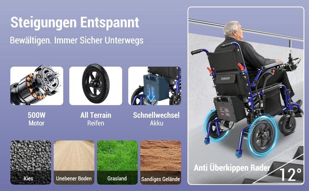 Elektrorollstuhl faltbar mit Joystick, Faltrollstuhl für Erwachsene, Armlehnen, Fußstützen, Sicherheitsgurt, bis 150 kg, Pflegealltag
