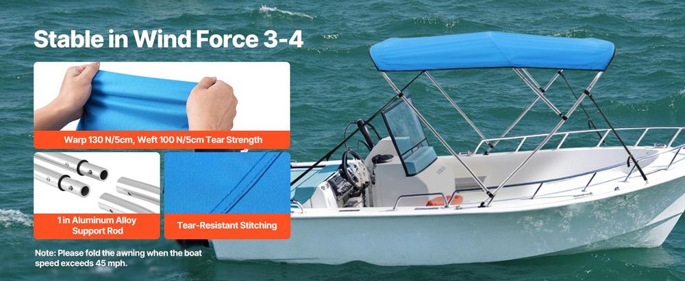 VEVOR 3 Bogen Boot Bimini Tops, 600D Polyester Dach mit Aluminiumlegierungsrahmen, wasserdichtes & Sonnenschutz Bootsunterschlupf mit Tragetasche, 2 Stützstangen, 4 Gurte, 72"Lx(73"-78")Wx46"H, Hellgrau, 72x(73-78)x46 Zoll-a, Pazifisch Blau-b
