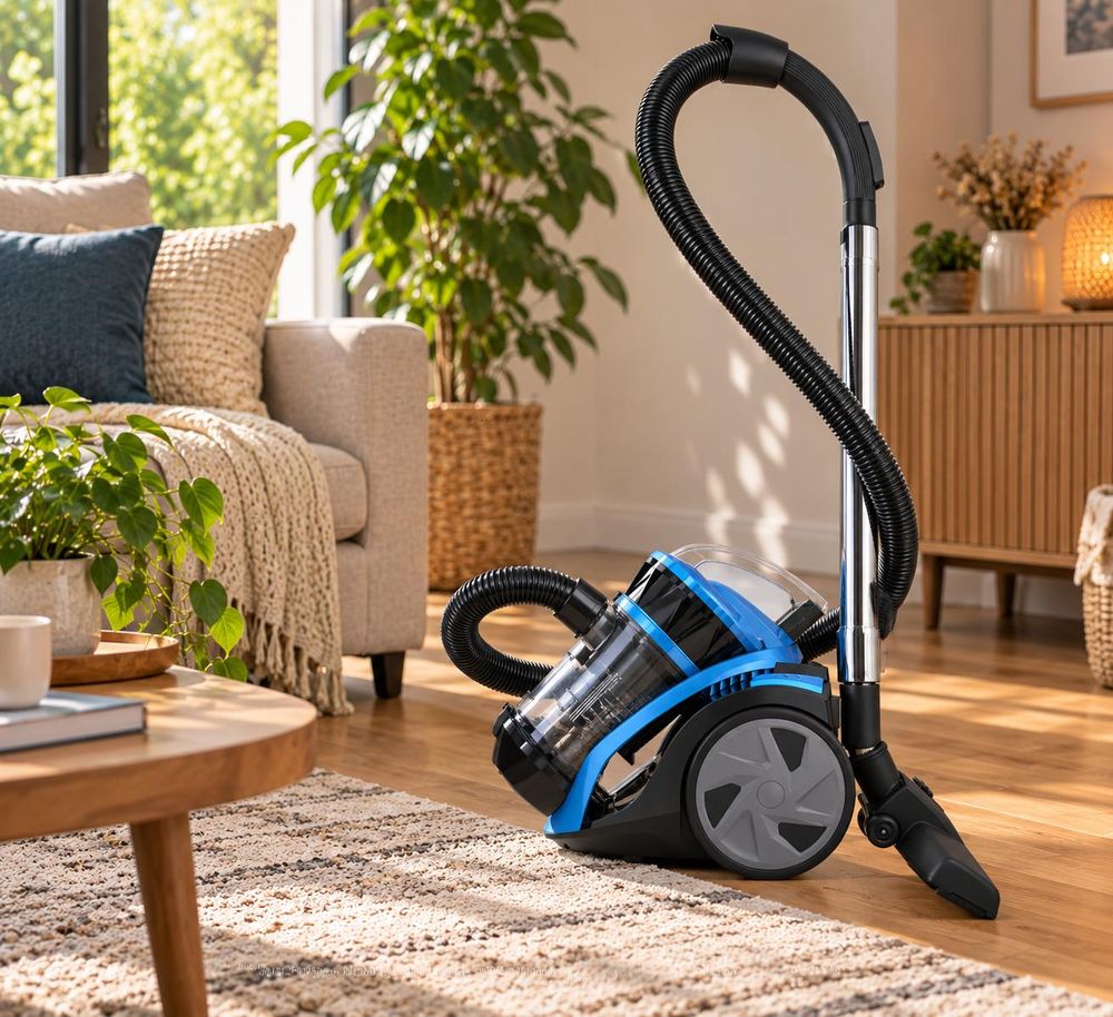 Blauer beutelloser Staubsauger in einem gemütlichen, modernen Wohnzimmer.