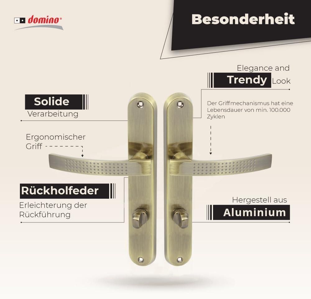 DOMINO Türgriff 78 Drückergarnitur WC - Badezimmer Set | Links & Rechts Türbeschlag für WC/Badezimmertüren | L-Form | Aluminium |Bronze| ALMA ECO M3 |
