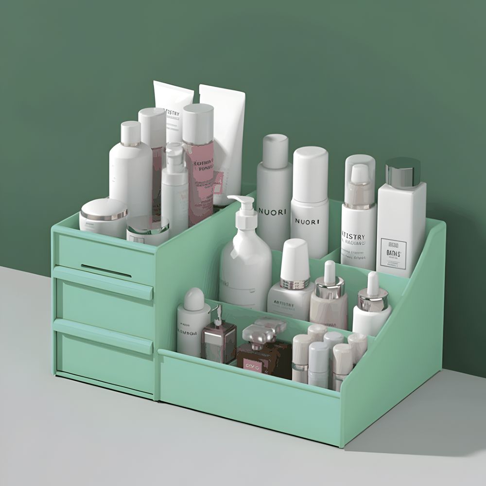 Make-up Organizer, Kosmetik-Organizer mit 2 Schubladen und Fächern in unterschiedlichen Größen, für Schminke und Schmuck, 26x16x12 cm Grün Retoo