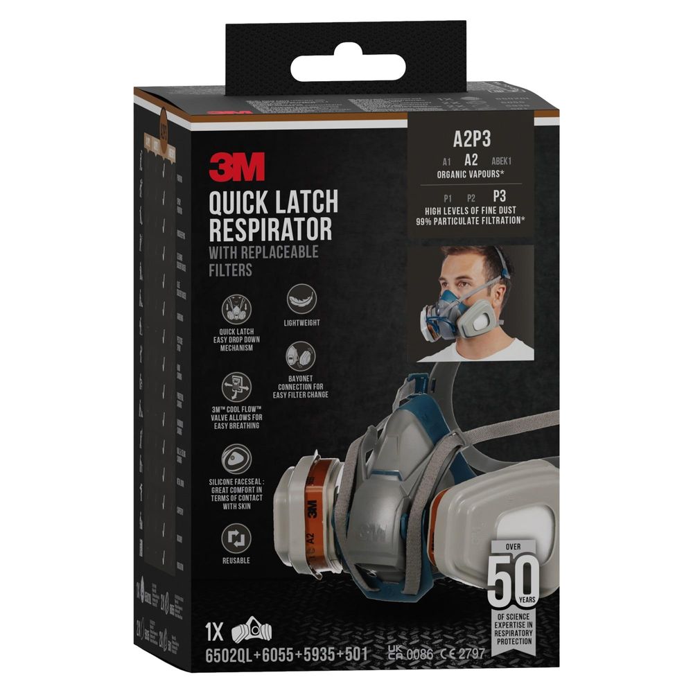 3M Quick Latch Atemschutzmaske 6502QLKIT-1, A2P3, für Lackierarbeiten und Pestizide, mit Cool Flow Ventil, Wiederverwendbar