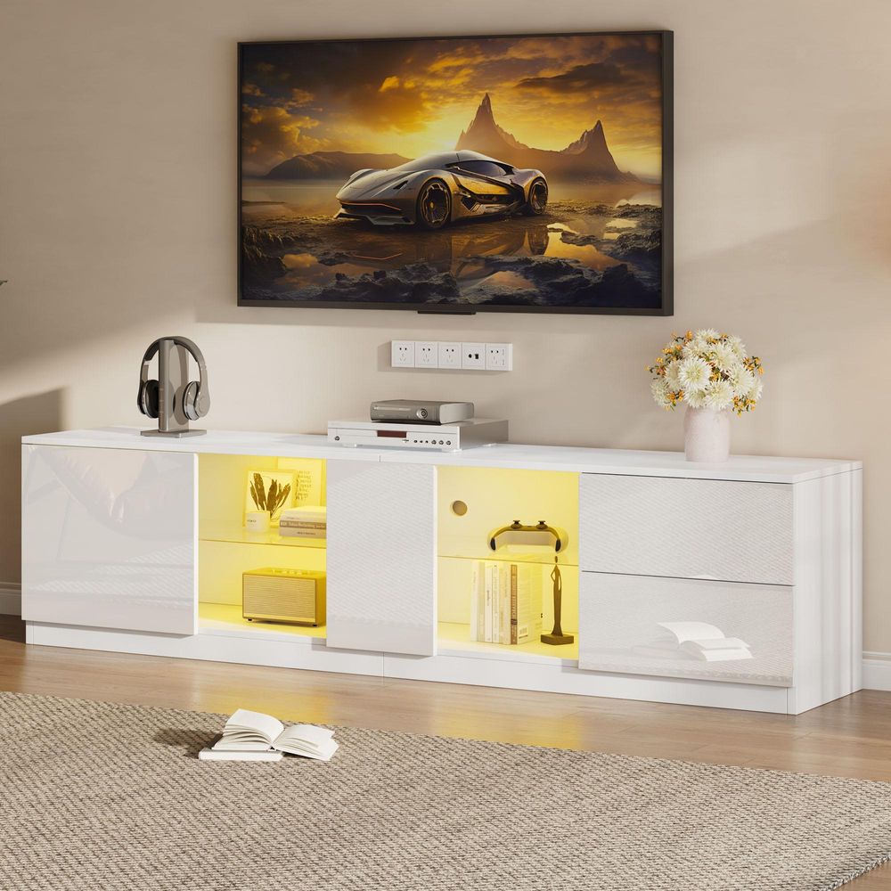 Merax TV-Schrank 160x40x52 cm, LED Lowboard für 65" Fernseher, Hochglanz Weiß, Wohnzimmer Sideboard mit Schubladen & Glas, USB-Licht