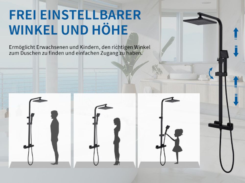 HOMELIVE Duschsystem mit Thermostat Schwarz, 20x20cm Regendusche Edelstahl, Duscharmatur Komplettset, Quadratisch Handbrause Regendusche mit Armatur
