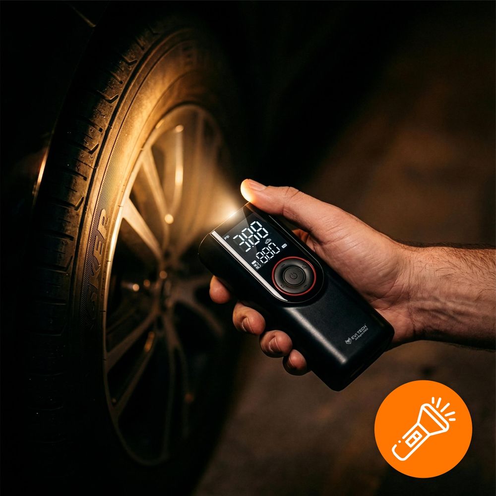 EVI TECH AirSync PRO Akku Kompressor 12 Bar Elektrische Luftpumpe 7500mAh Powerbank USB-C + 12V Kfz-Kabel für Auto Motorrad Fahrrad Tragbar Schwarz