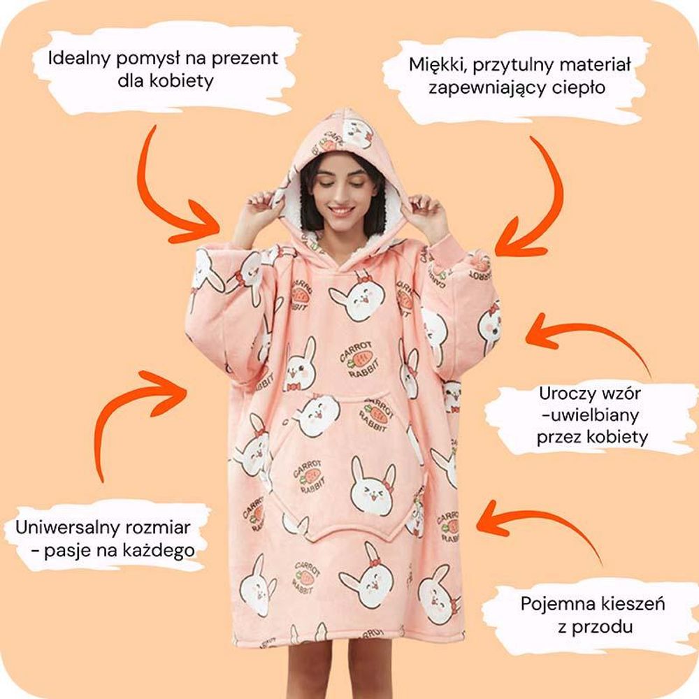 Kocobluza Bluza Koc Bluzokoc Króliczek - Przytulna Damska Meska Oversize XXL Gruba Kaptur - Jeden Rozmiar - Idealna na zimowe dni