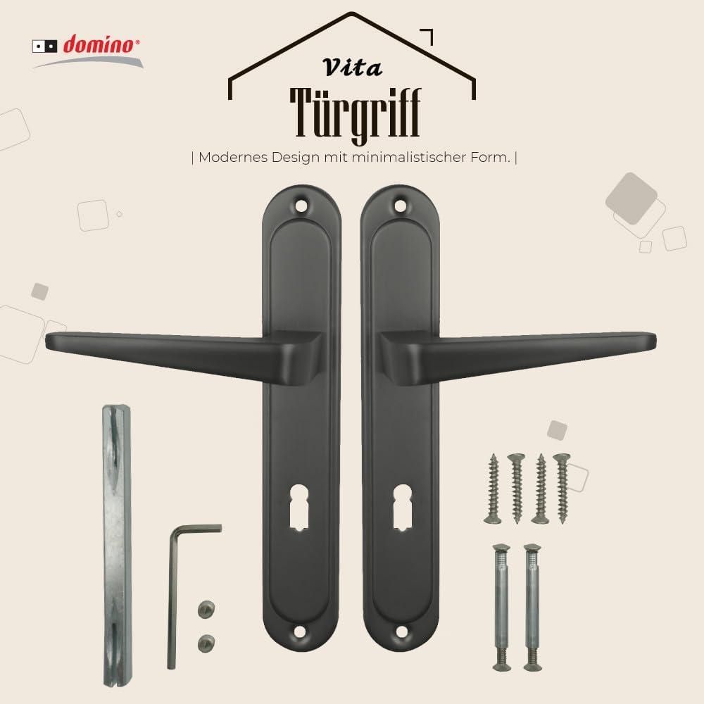 Domino Türgriff 72 Drückergarnitur BB-Buntbart Set | Langschildgarnitur | Türklinke für Zimmertür, Bürotür, Kellertür & Innentür | L-Form | Türbeschläge aus Aluminiuml | Titan | VITA M8