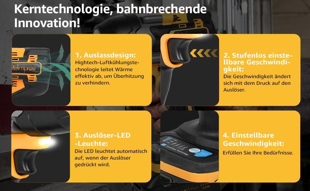 LifeImpree Akku-Schlagschrauber 1000 Nm, Bürstenlos, 3-Gang & AutoStop, inkl. Doppelakku, LED-Anzeige und Transportbox, Gelb