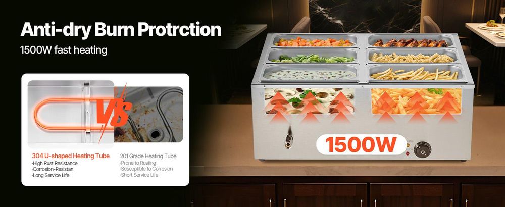 VEVOR 8-Pfannen Gewerblicher Speisenwärmer, 8 x 8QT Elektrischer Dampftisch mit Glasabdeckung, 1700W Edelstahl Buffet Bain Marie 86-185°F Temperaturregelung für Catering, Restaurants, Silber, 6 x 1/3-Größe Pfannen-a