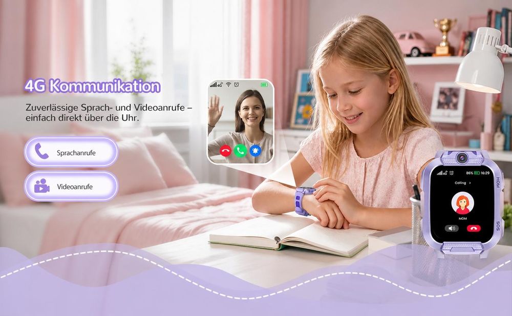 2026 4G Kinder Smartwatch mit GPS Telefon Video SOS für Jungen Mädchen Smartwatch 4-fache Ortung (GPS, WLAN, LBS, AGPS), Sicherheitszonen, Eltern App