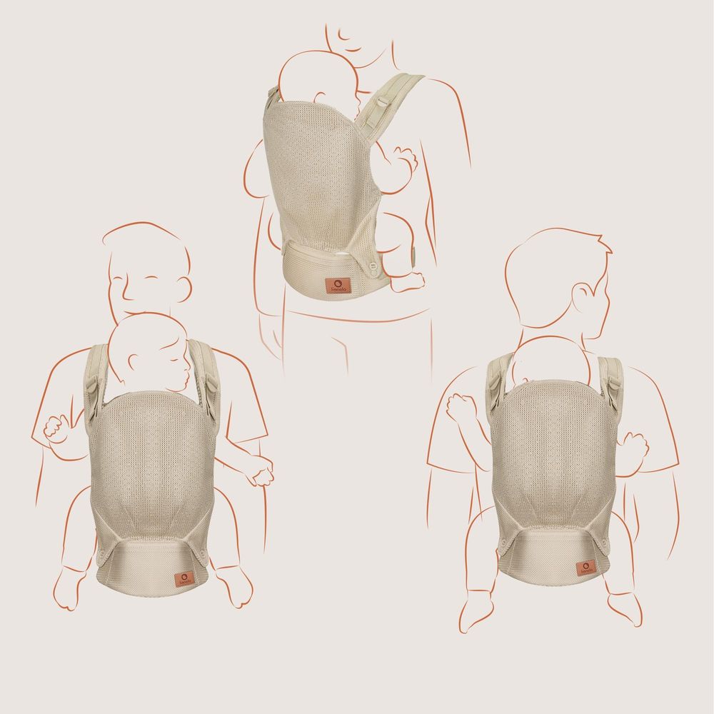 Margareet Air Ergonomische Babytrage, geeignet für Babys ab 4 Monaten bis 20 kg, 3 Tragemodi, atmungsaktives Gewebe, abnehmbare Kapuze - Beige