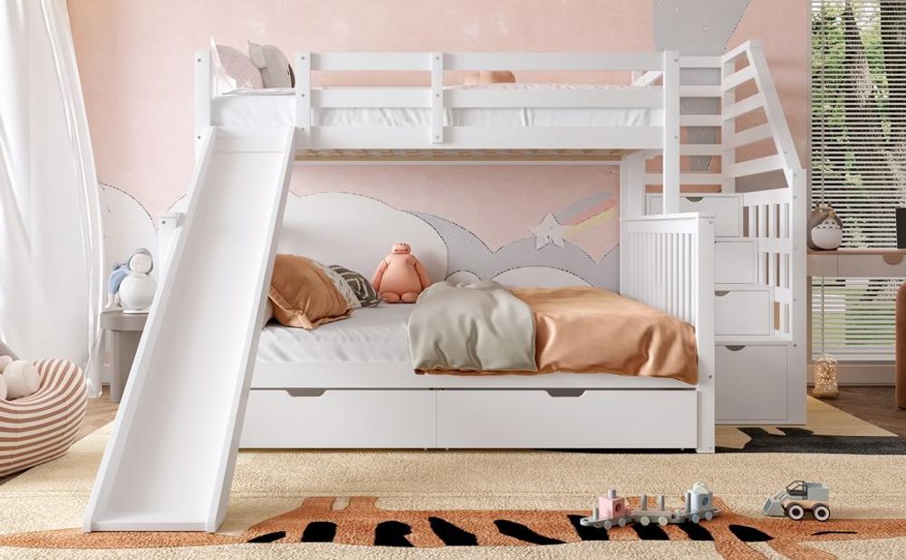 Merax Etagenbett 90x200/140x200cm mit Rausfallschutz und Stauraumtreppe, Kinderbett mit Rutsche, Hochbett mit 2 Schubladen, Massivholz Stockbett, Weiß