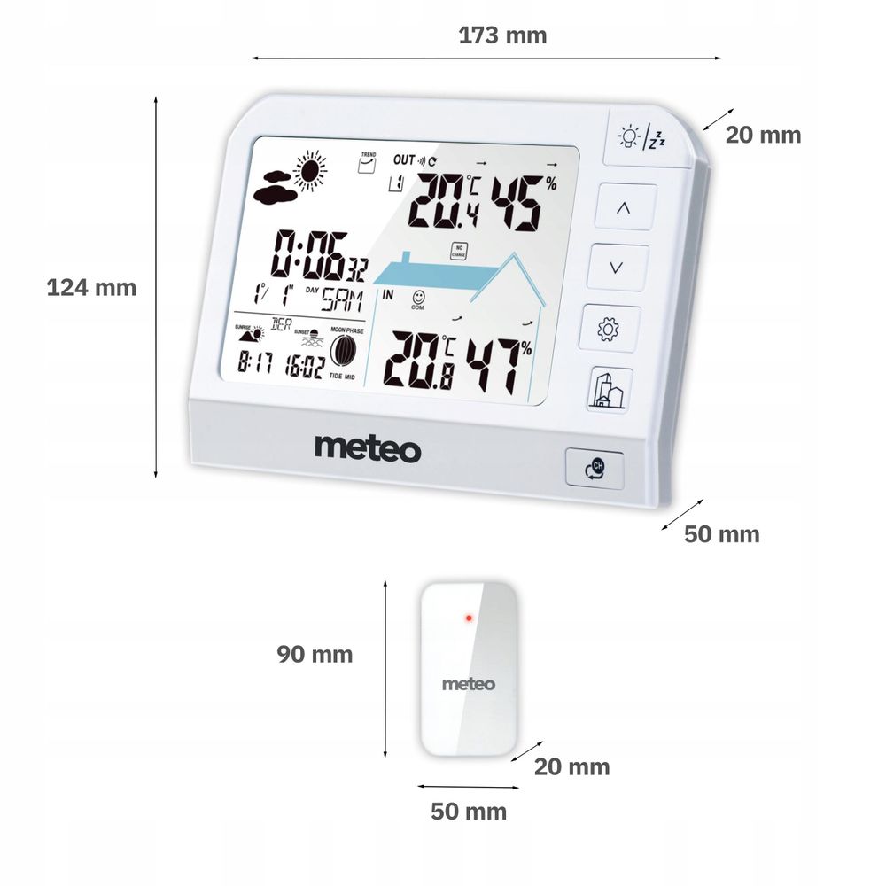Abmessungen und Stromversorgung der METEO SP204 Wetterstation