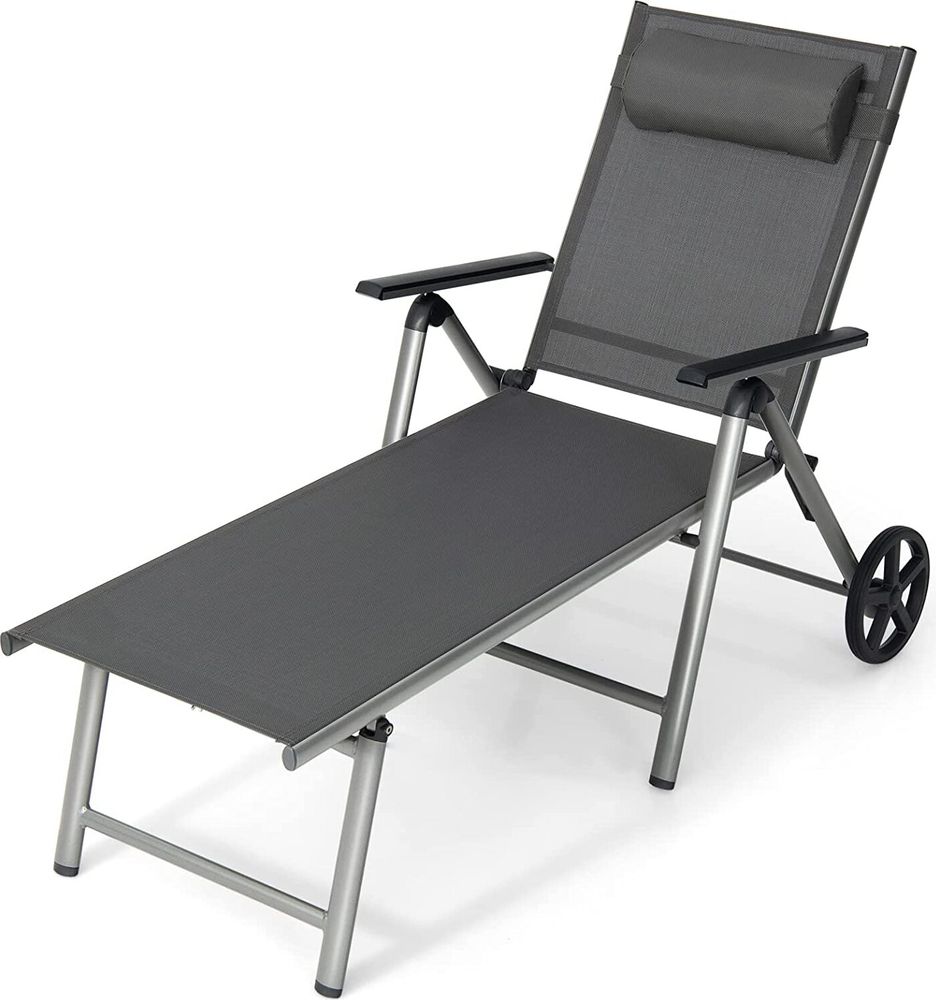 GOPLUS Liegestuhl Outdoor, klappbare Sonnenliege mit 2 Rädern, 7-stufig Verstellbarer Rückenlehne, Aluminiumrahmen & Gemütlicher Kopfstütze, Terrassenliege