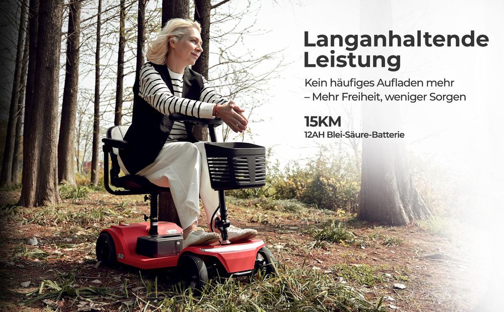 S2 Senioren-Elektromobil, 250W, 12Ah, Traglast bis 136 kg, 9-Zoll-Vollgummireifen, intelligente elektromagnetische Bremse, schwarz