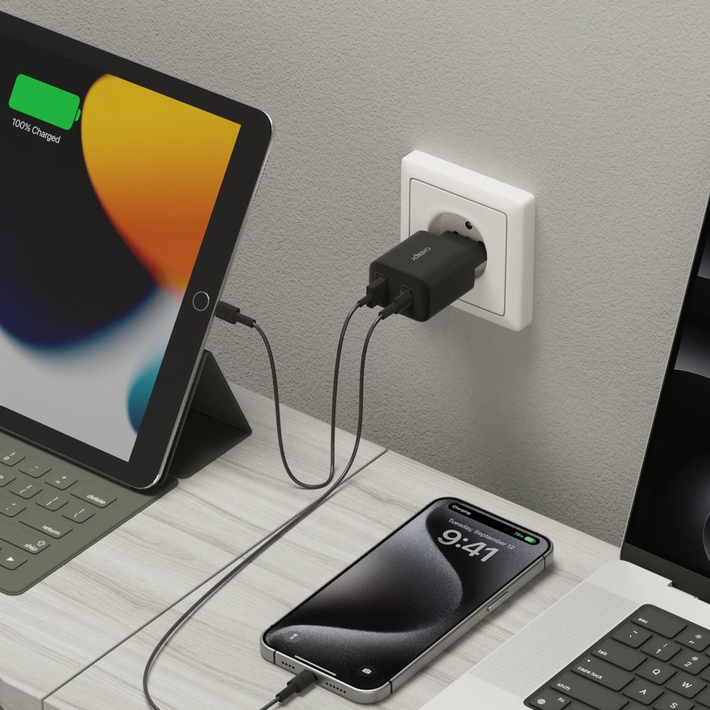 CHEROY 30W Wall Charger - USB A + C Dual Port PD Adapter – QuickCharge 3.0 - Schnellladegerät – Wandladegerät - Schwarz