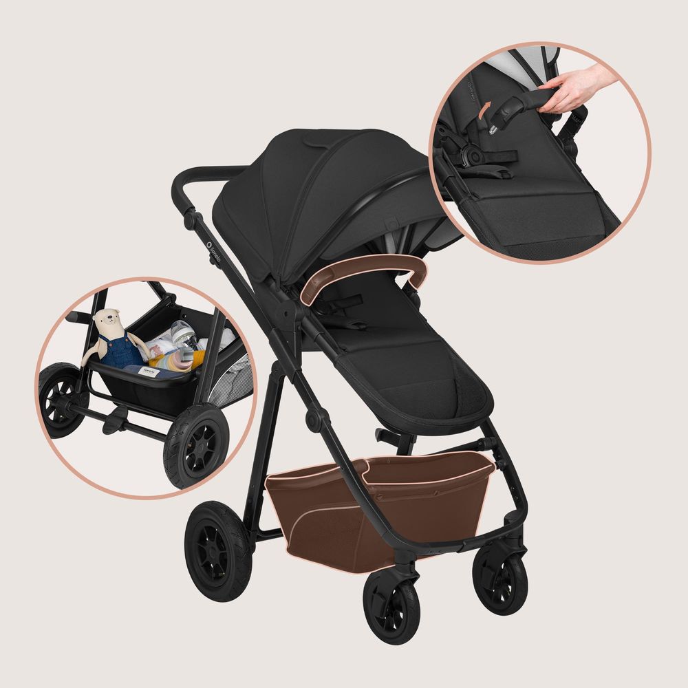 Lionelo Bianka 3in1 Kinderwagen, Autotransporter, Autositz, klappbar, Travel System Rückenlehne verstellbar 360o Räder Polsterung, Verdeck XXL-Schwarz