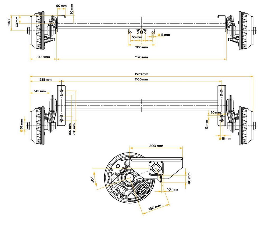 KNOTT gebremste Achse 1800 kg, 1100 mm für Minibagger-Trailer und Anhänger