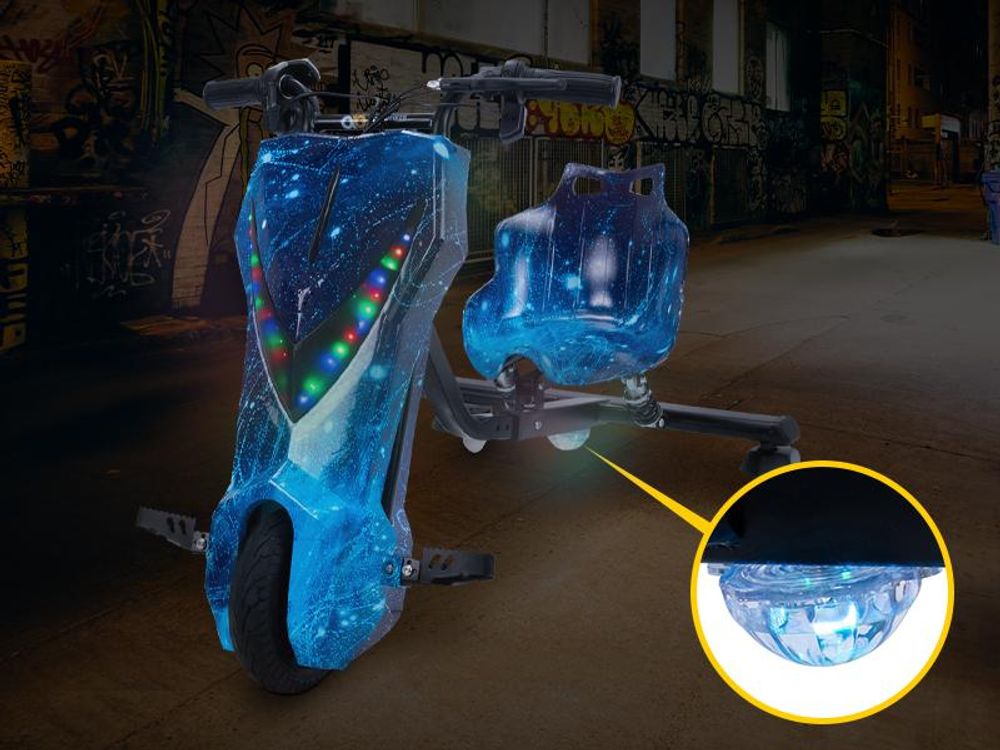 Kinder Elektro Drift Trike | Drift Scooter - Drift Cart - Bis zu 15km/h - LED Driftrollen 360° - Hupe - 3 Geschwindigkeitsstufen (Weiß)