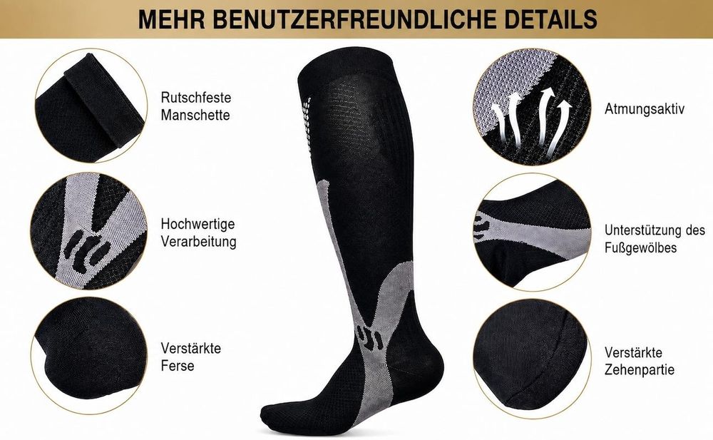 Kompressionsstrümpfe 3 Paar, 18–21 mmHg, leichte Kompression, Atmungsaktive Stützstrümpfe für Damen & Herren, 44-47