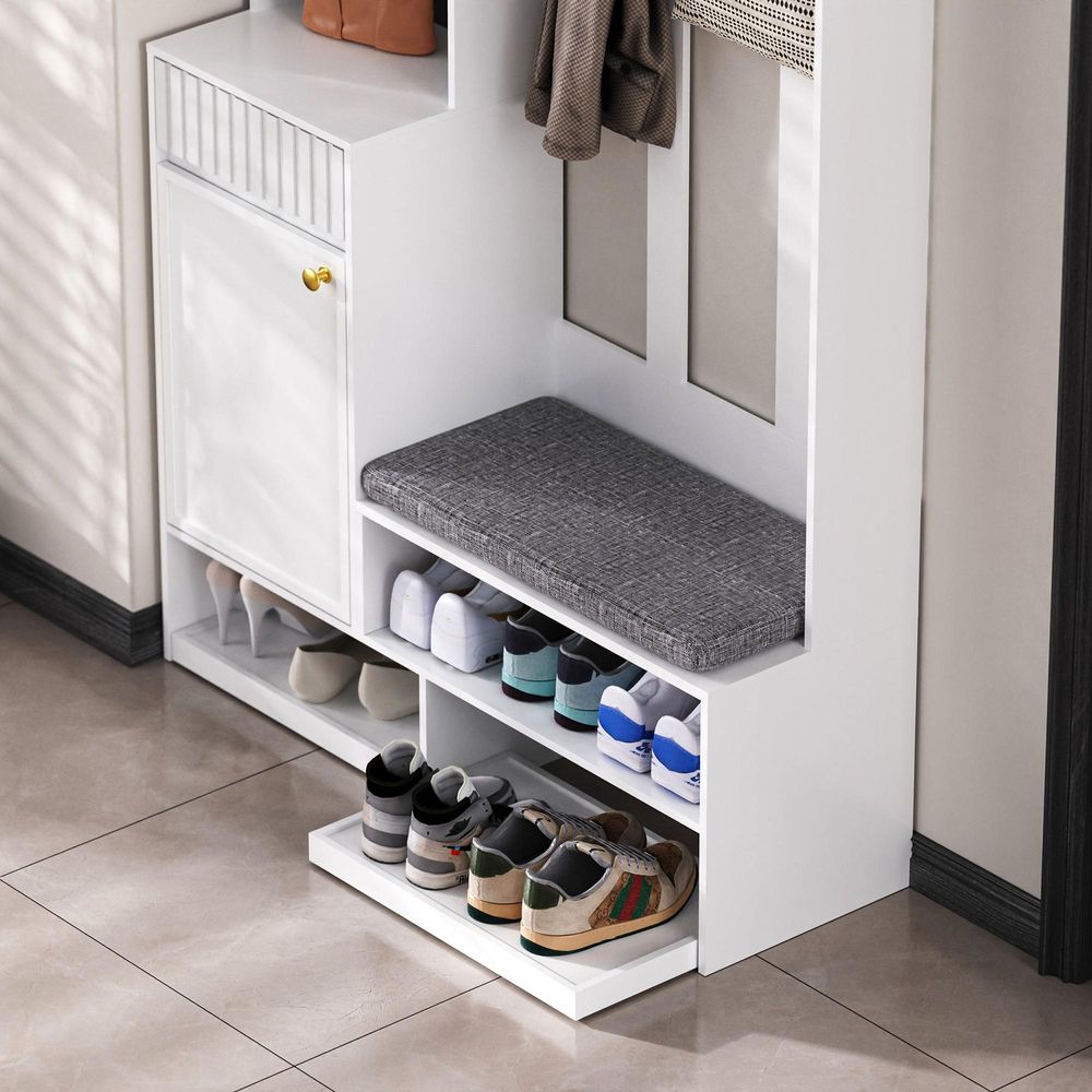 MODFU Flurgarderoben-Set Kleiderschrank mit Türen und Schubladen,Garderoben-Set  Garderobenschrank mit Schuhbank,Wandgarderobe mit Haken,Weiß