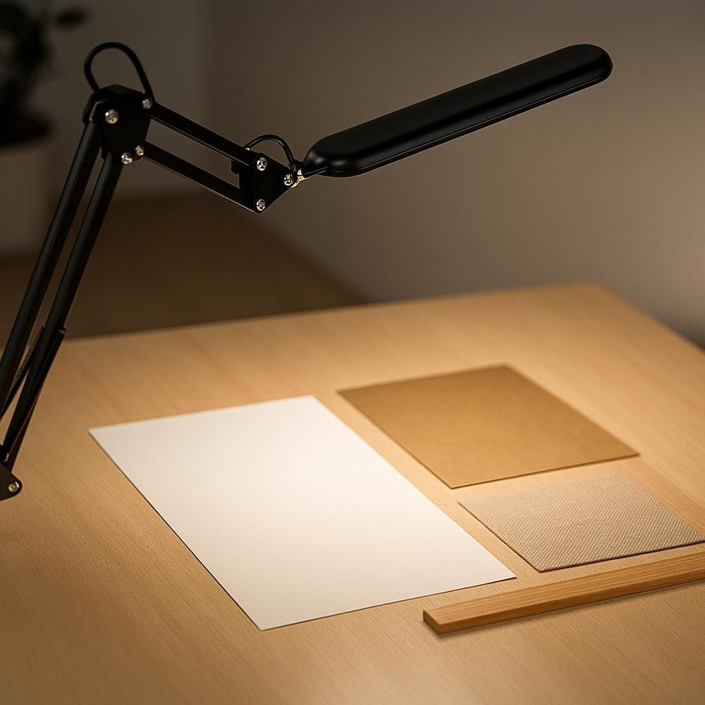 LED-Tischleuchte mit Schwenkarm und Tischklemme, montiert an weißer Tischkante.