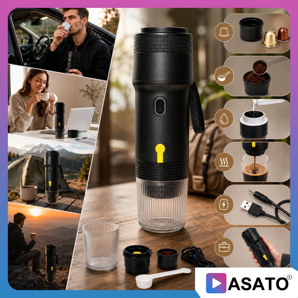 ASATO Tragbare Kaffeemaschine 60 ml für Kapseln und gemahlenen Kaffee, USB