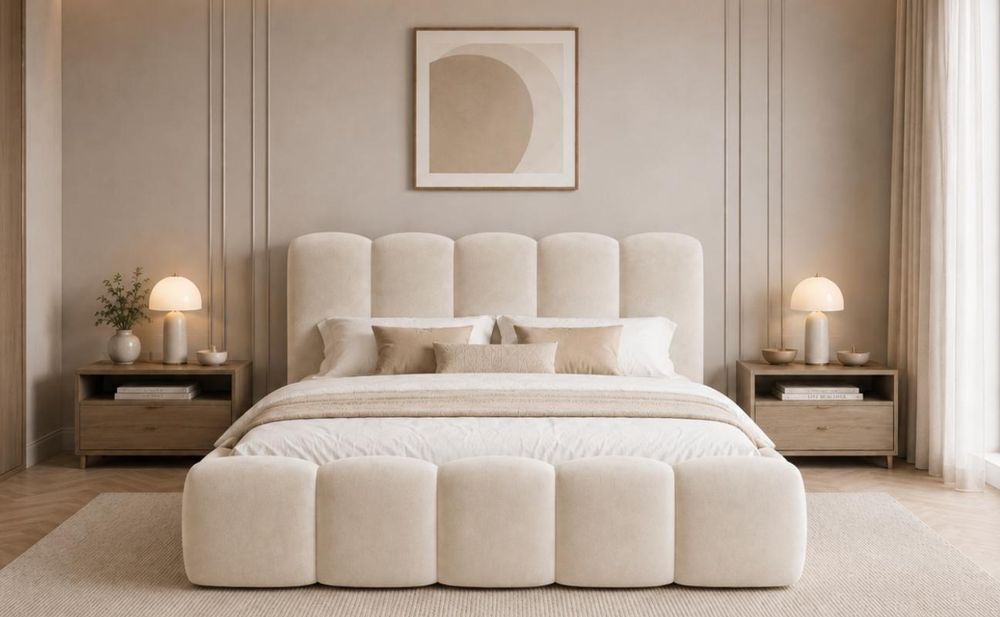 MOEBLO Polsterbett Bubble Bett 18 – Doppelbett Wolkenbett mit Riviera Samt-Velours, gepolstertem Kopfteil, Bettkasten, Gasfedermechanismus und Lattenrost - 180x200 cm - Graubeige (Riviera 24)
