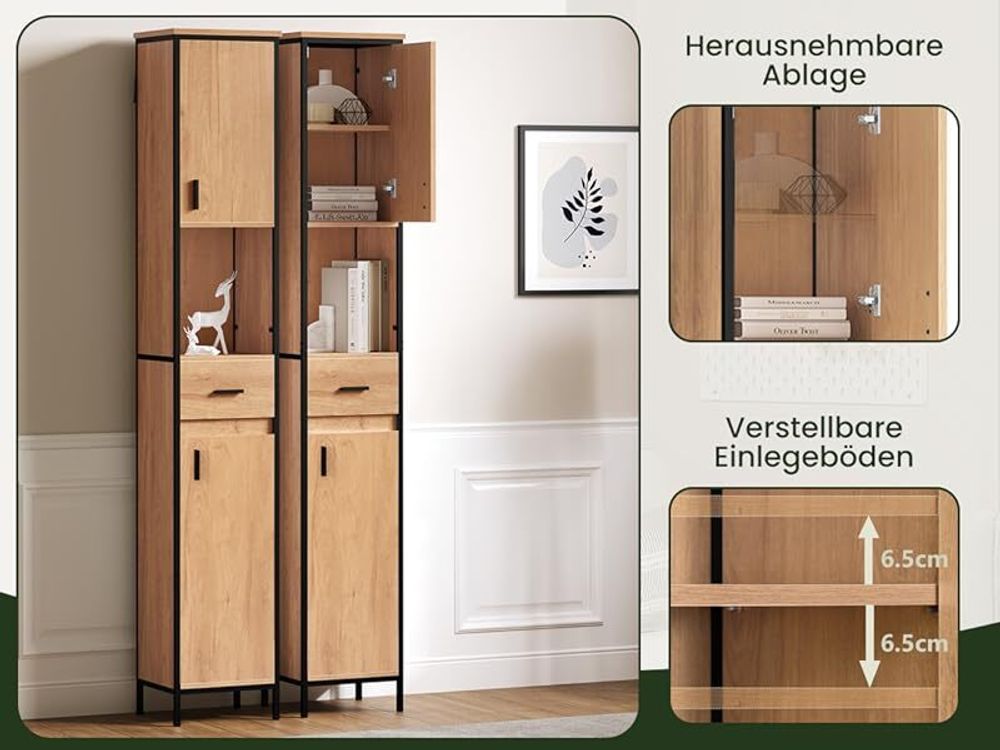 EUGAD Badezimmerschrank, mit Schublade, offenem Fach, verstellbaren Ablagen, 30x180x30 cm, schwarz Helle Eiche