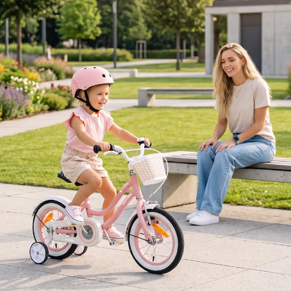 Rower dla dziewczynki 12 cali Pchacz kółka boczne Heart Bike różowy