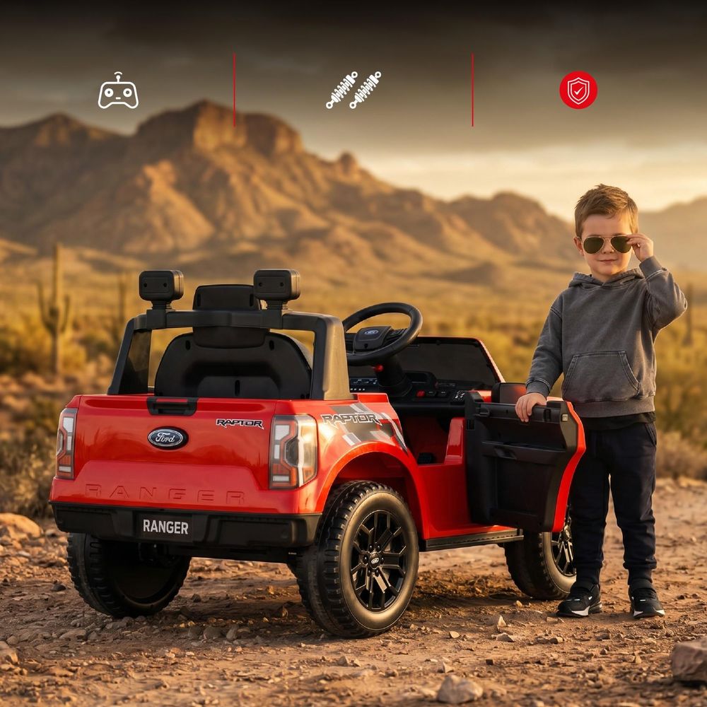 Dziecko stojące przy aucie Ford Raptor, otwarte drzwi.