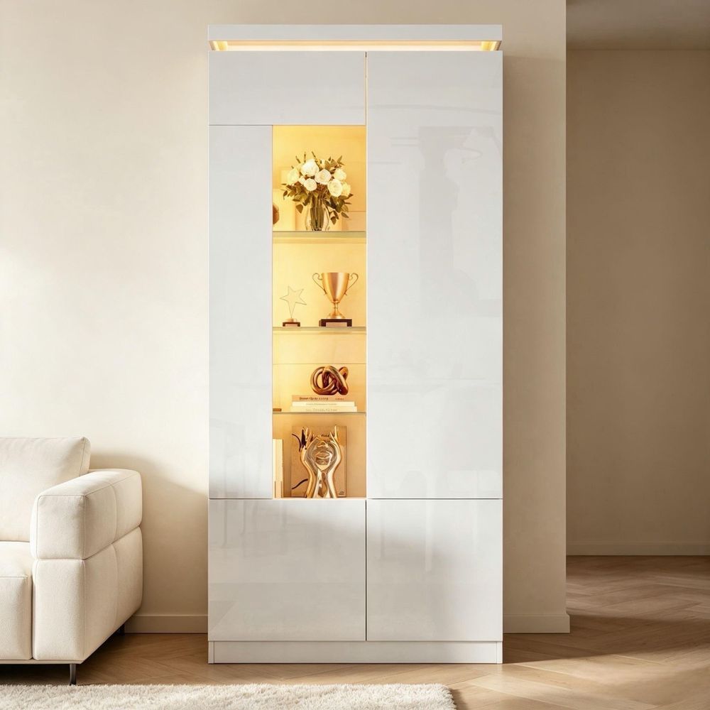 Merax Hochglanz Vitrine mit LED, Hochschrank mit 4 Türen und 6 Einlegeböden, Sammlervitrine mit Acrylglas-Tür, 10 Fächer, Sicherheitsglas, Weiß