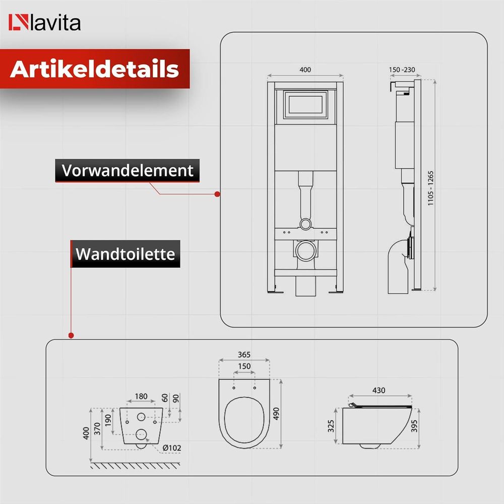 Lavita LAV 101 Vorwandelement für WC 40cm + Wand Hänge Tiefspül WC SOFI SLIM GOLD LINE Spülrandlos + Bedienplatte LAV 200.3.5 Gold | Komplettset | Unterputz Spülkasten | Toilette Komplett Sett