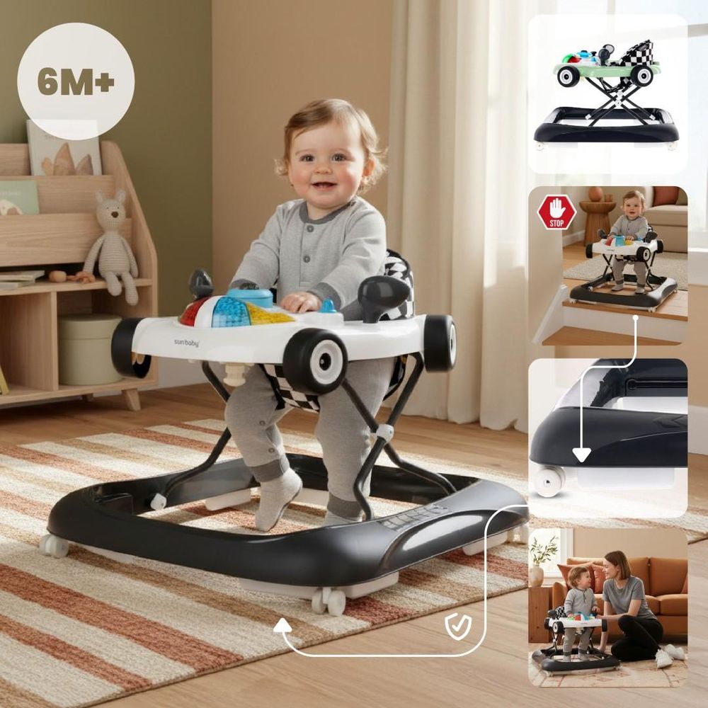 Bambino che usa il girello, con icona 6 mesi+ e dettagli sulle funzioni e sicurezza.