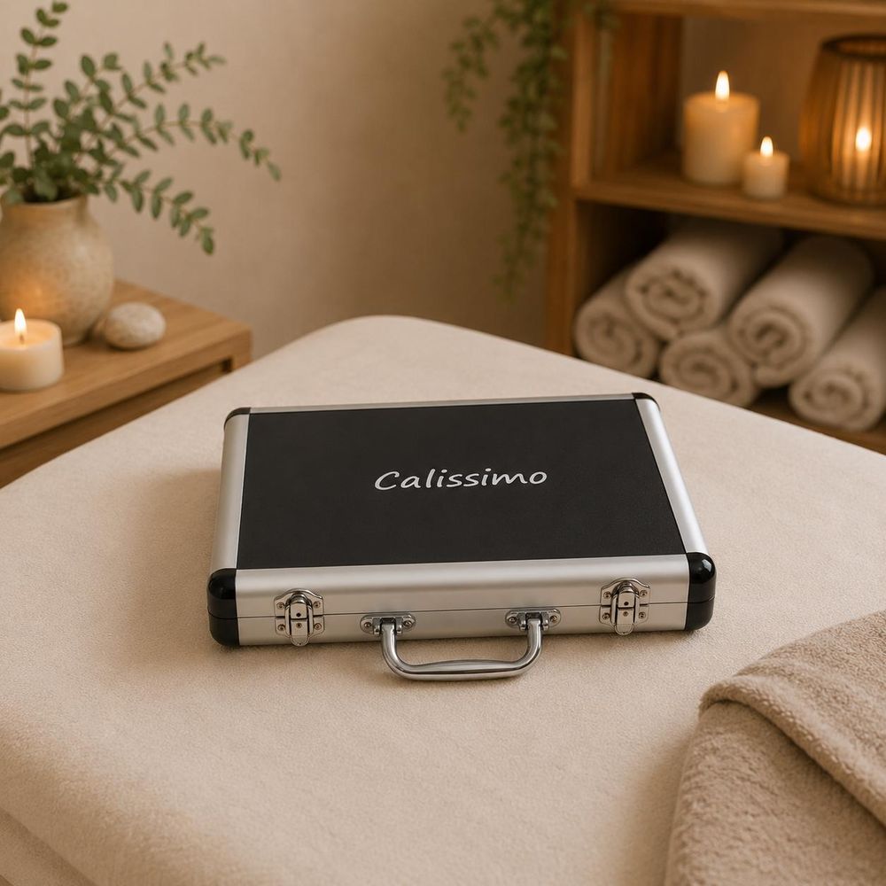16-teiliges Hot Stone Massagesteine Set aus schwarzem Basalt im Etui für SPA