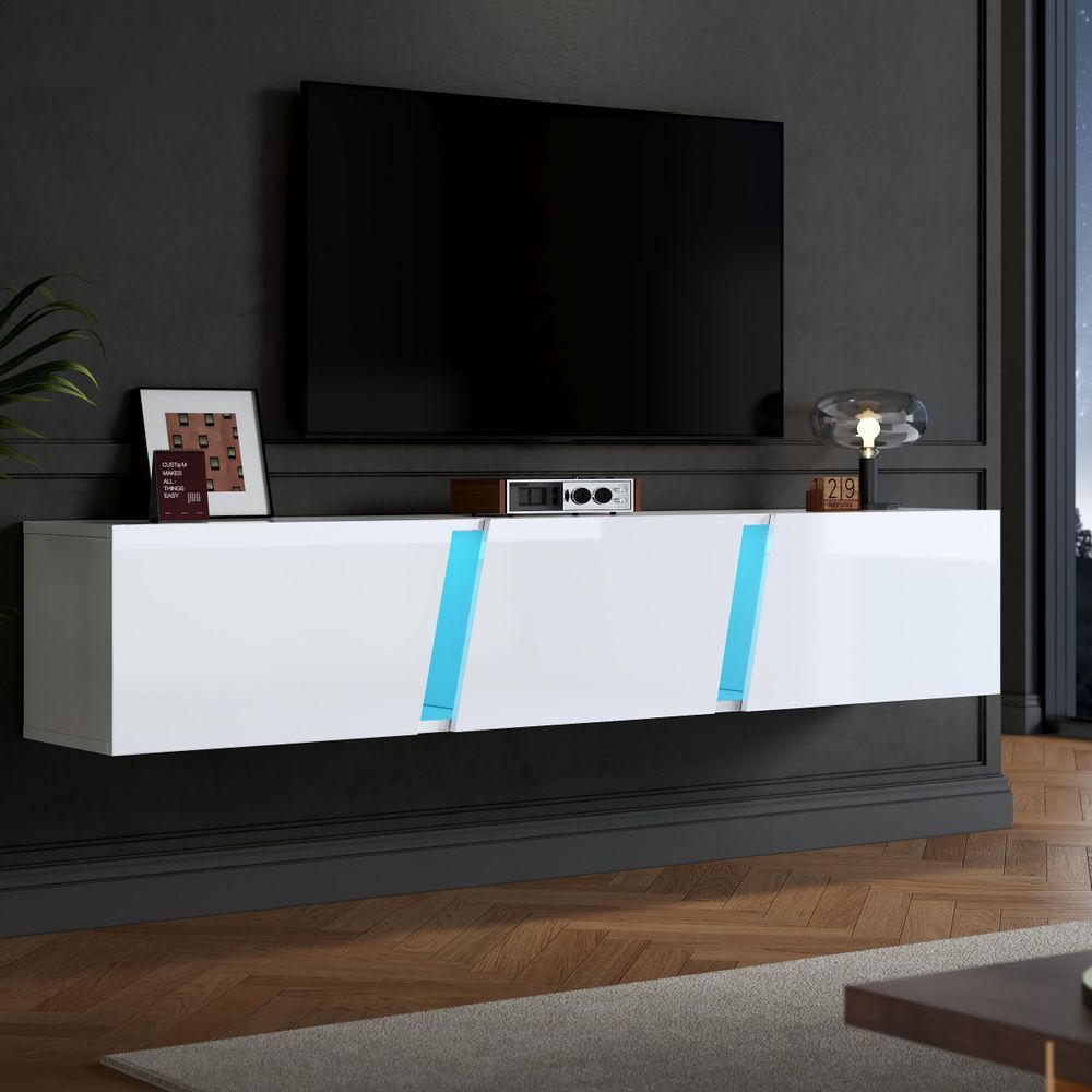 STILVORA Wandmontierter TV-Lowboard mit LED-Licht und 3 Schranktüren,TV-Ständer für 75-Zoll-Fernseher,TV-Schrank Fernsehschrank Hochglanz,Weiß