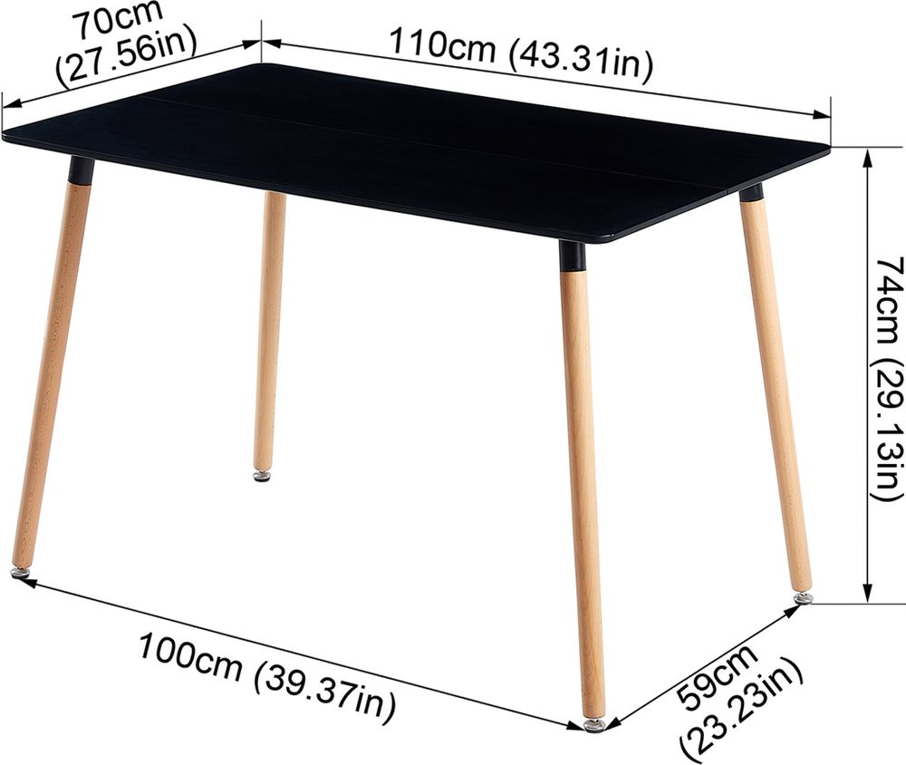 IPOTIUS jídelní stůl, kuchyňský stůl jídelní stůl pro 4 osoby, obdélníkový stůl s bukovými nohami, moderní design, černý, 110x70x73 cm