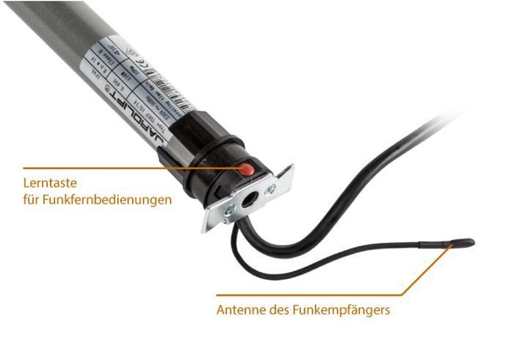 Funk-Rollladenmotor TDEF, TDEF 10/13 (10 Nm / SW60) leiser Funkmotor mit Rolling Code, Blockiererkennung, Zwischenposition, IP44, inkl. Adapter & Lager Jarolift
