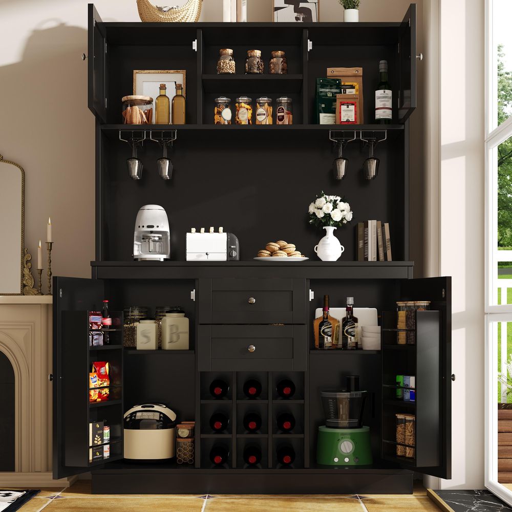 STILVORA Multifunktionaler Küchenanrichte Buffet mit Schubladen und verstellbaren Ablagen,Highboard mit Weinregal Sideboard für Küche & Wohnzimmer, Buffetschrank, Schwarz