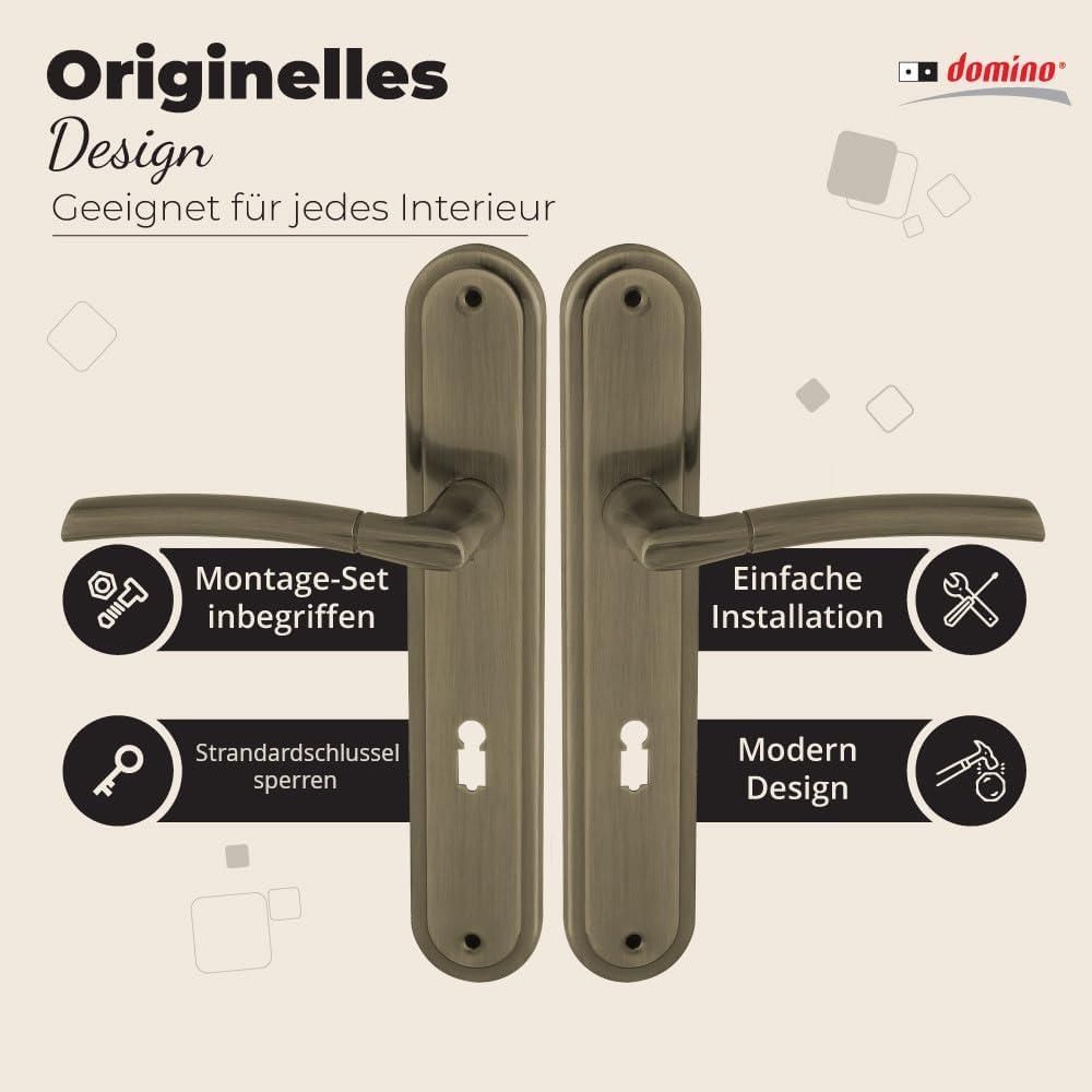 DOMINO Türgriff 72 Drückergarnitur BB-Buntbart Set | Langschildgarnitur | Türklinke für Zimmertür, Bürotür, Kellertür & Innentür | L-Form | Türbeschläge aus Aluminiuml | Bronze Türdrückergarnitur |PRESTO M3