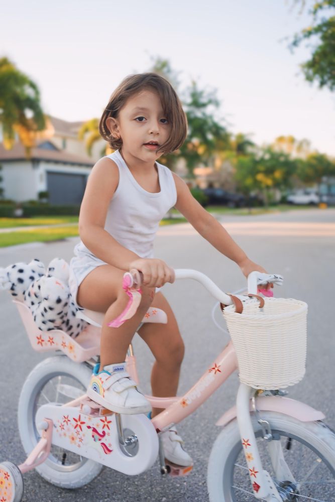 HILAND Joystar 14 Zoll Kinderfahrräder Mädchen mit Puppensitz, Stützräder, Korb, Schutzbleche, V-Brake-Bremsen, Rosa