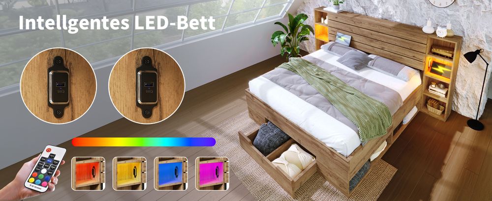 MODFU Doppelbett Massivholzbett 180×200cm mit LED-Beleuchtung und USB C Stauraum-Kopfteil und Schubladen, Bettgestell mit Lattenrost, Eiche(Ohne Matratze)